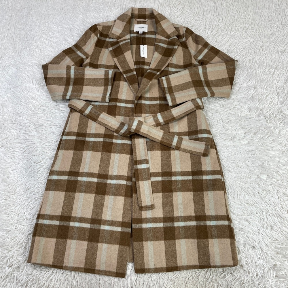 NWT Banana Republic Jacket Womens S Khaki Plaid Double Face Long Tie Waist Coat